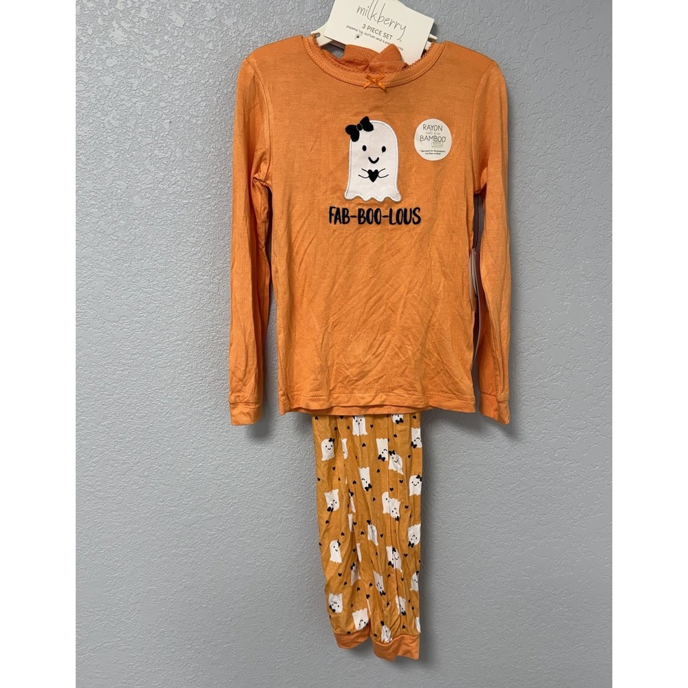 NWT Milkberry Halloween Ghost Bamboo Pajama Set Girls 5T Orange 3pc Set Pajamas